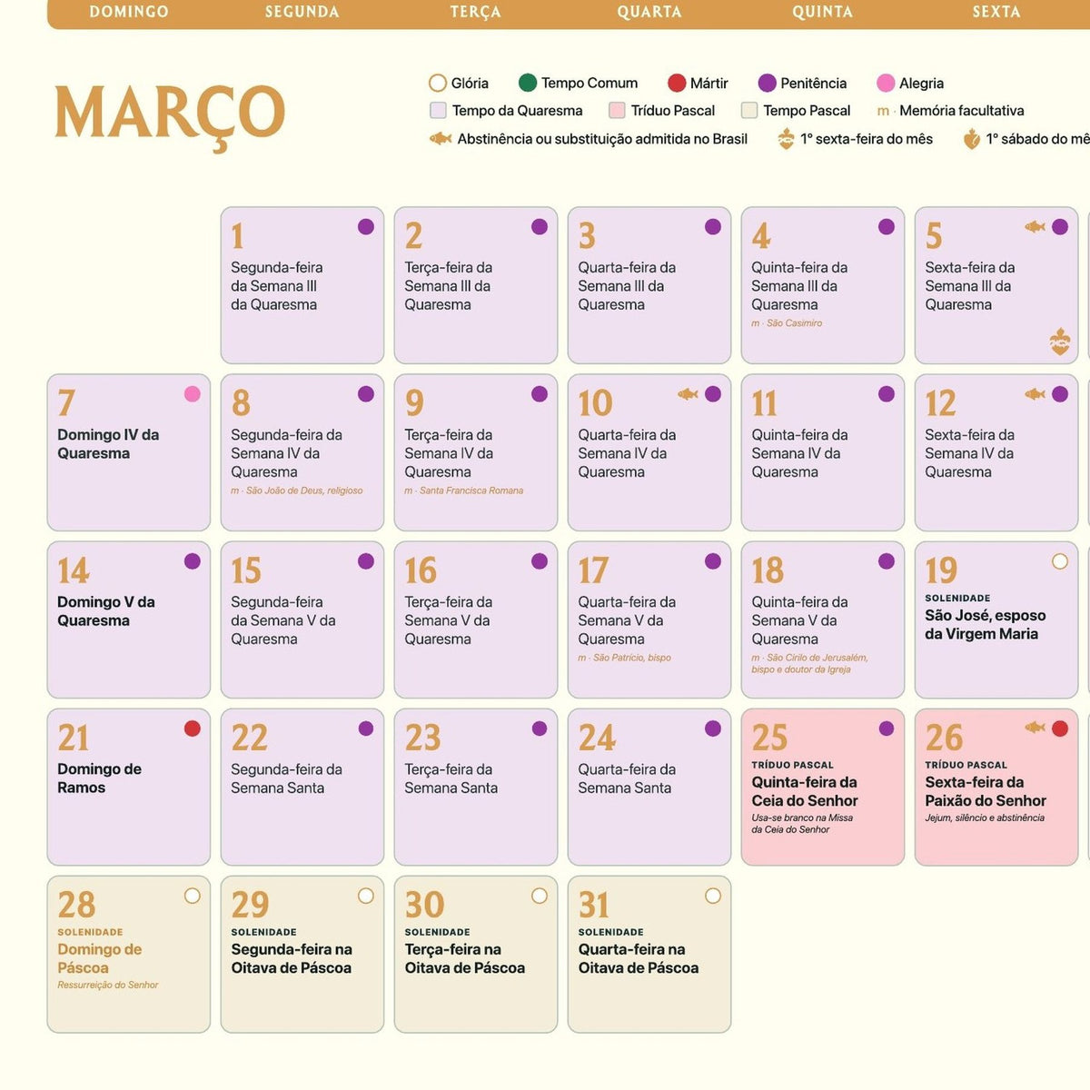 Detalhe de março de 2027 com a legenda das cores e dos tempos litúrgicos