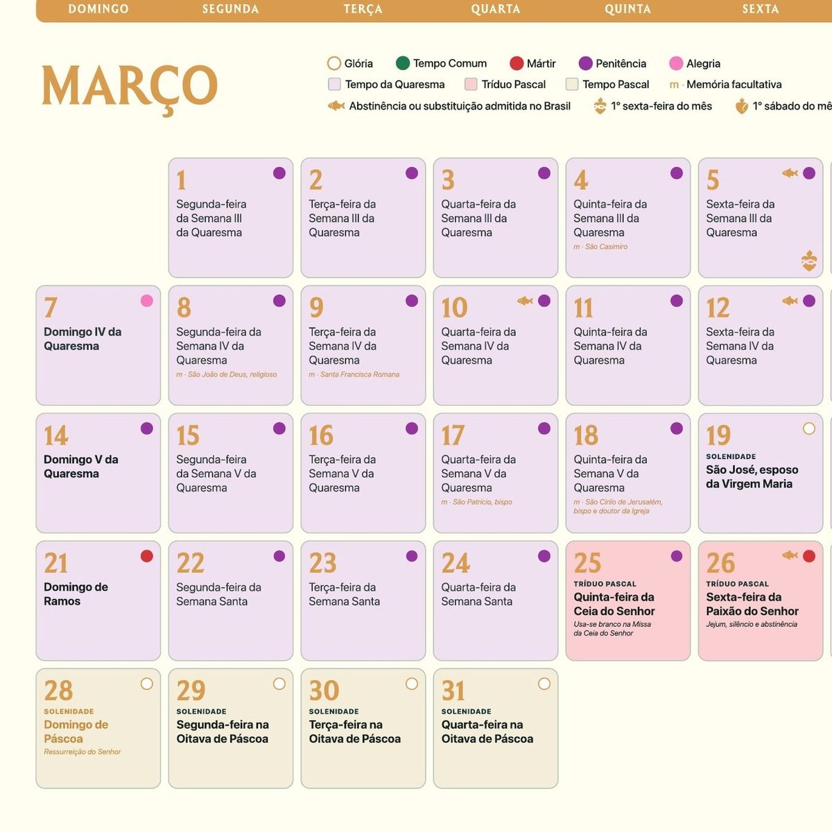 Detalhe da página de março de 2027, com a legenda de cores e os dias da Quaresma e da Semana Santa
