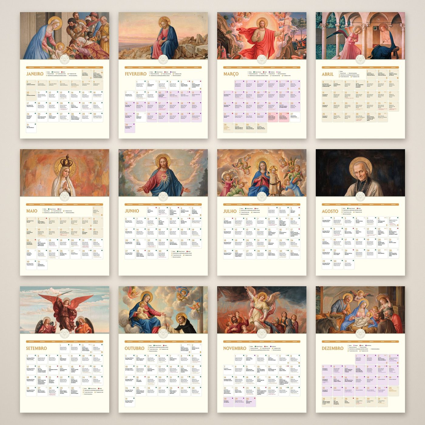 As doze páginas mensais do calendário litúrgico 2027